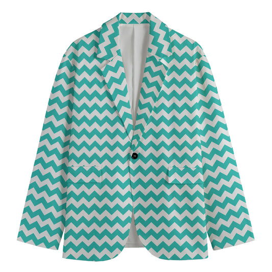 Teal And White Chevron Pattern Print Men's Cotton Blazer