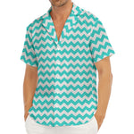 Teal And White Chevron Pattern Print Men's Deep V-Neck Shirt