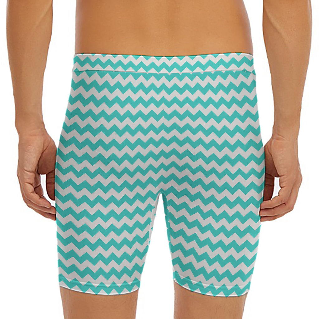 Teal And White Chevron Pattern Print Men's Long Boxer Briefs