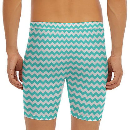 Teal And White Chevron Pattern Print Men's Long Boxer Briefs