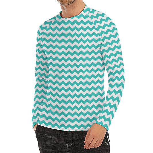 Teal And White Chevron Pattern Print Men's Long Sleeve Rash Guard
