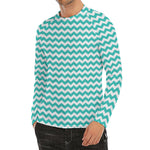 Teal And White Chevron Pattern Print Men's Long Sleeve Rash Guard