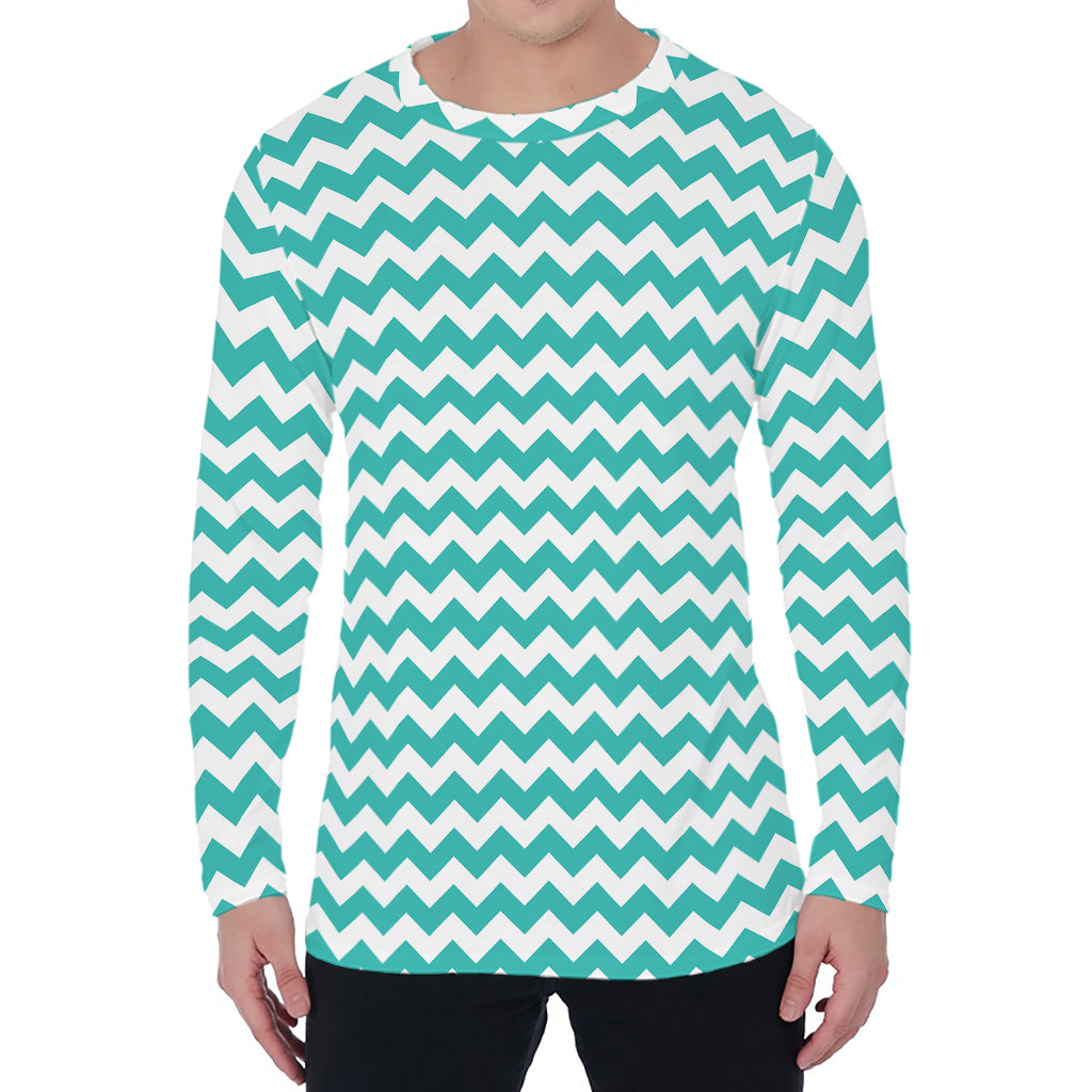 Teal And White Chevron Pattern Print Men's Long Sleeve T-Shirt