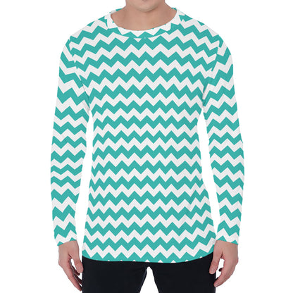 Teal And White Chevron Pattern Print Men's Long Sleeve T-Shirt