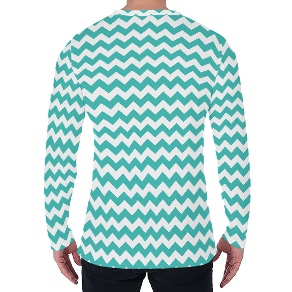 Teal And White Chevron Pattern Print Men's Long Sleeve T-Shirt