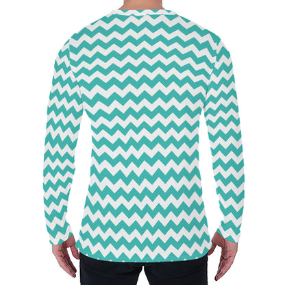 Teal And White Chevron Pattern Print Men's Long Sleeve T-Shirt