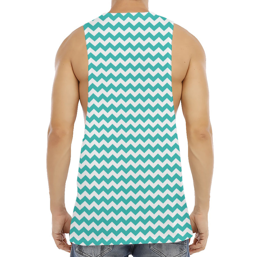 Teal And White Chevron Pattern Print Men's Muscle Tank Top