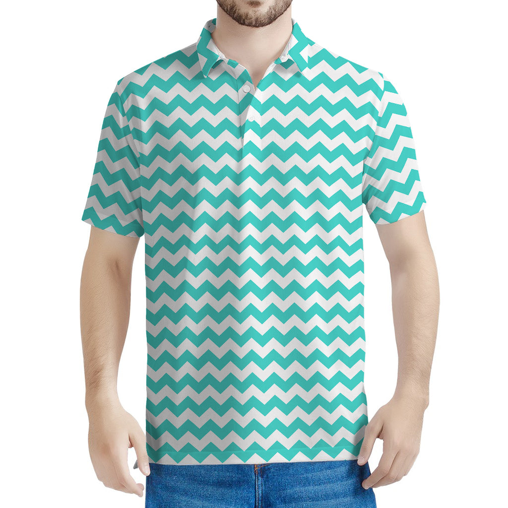 Teal And White Chevron Pattern Print Men's Polo Shirt