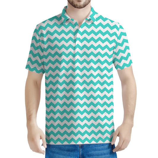 Teal And White Chevron Pattern Print Men's Polo Shirt