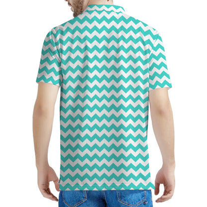 Teal And White Chevron Pattern Print Men's Polo Shirt