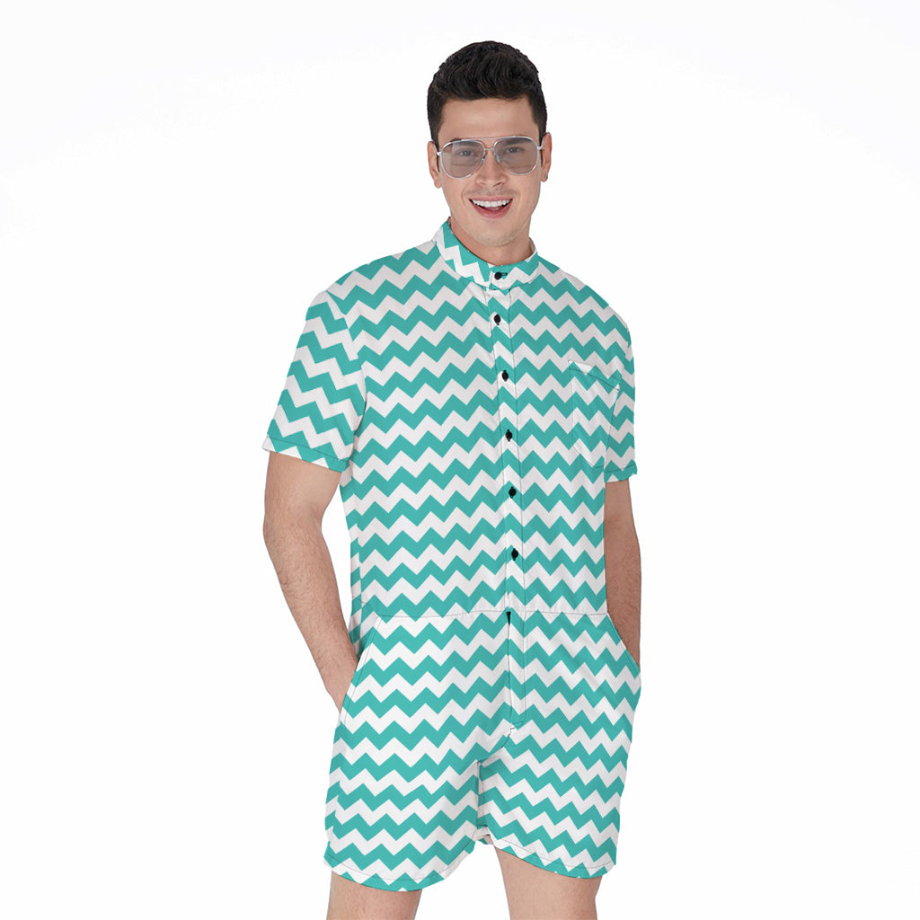 Teal And White Chevron Pattern Print Men's Rompers