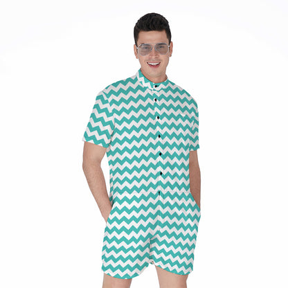 Teal And White Chevron Pattern Print Men's Rompers