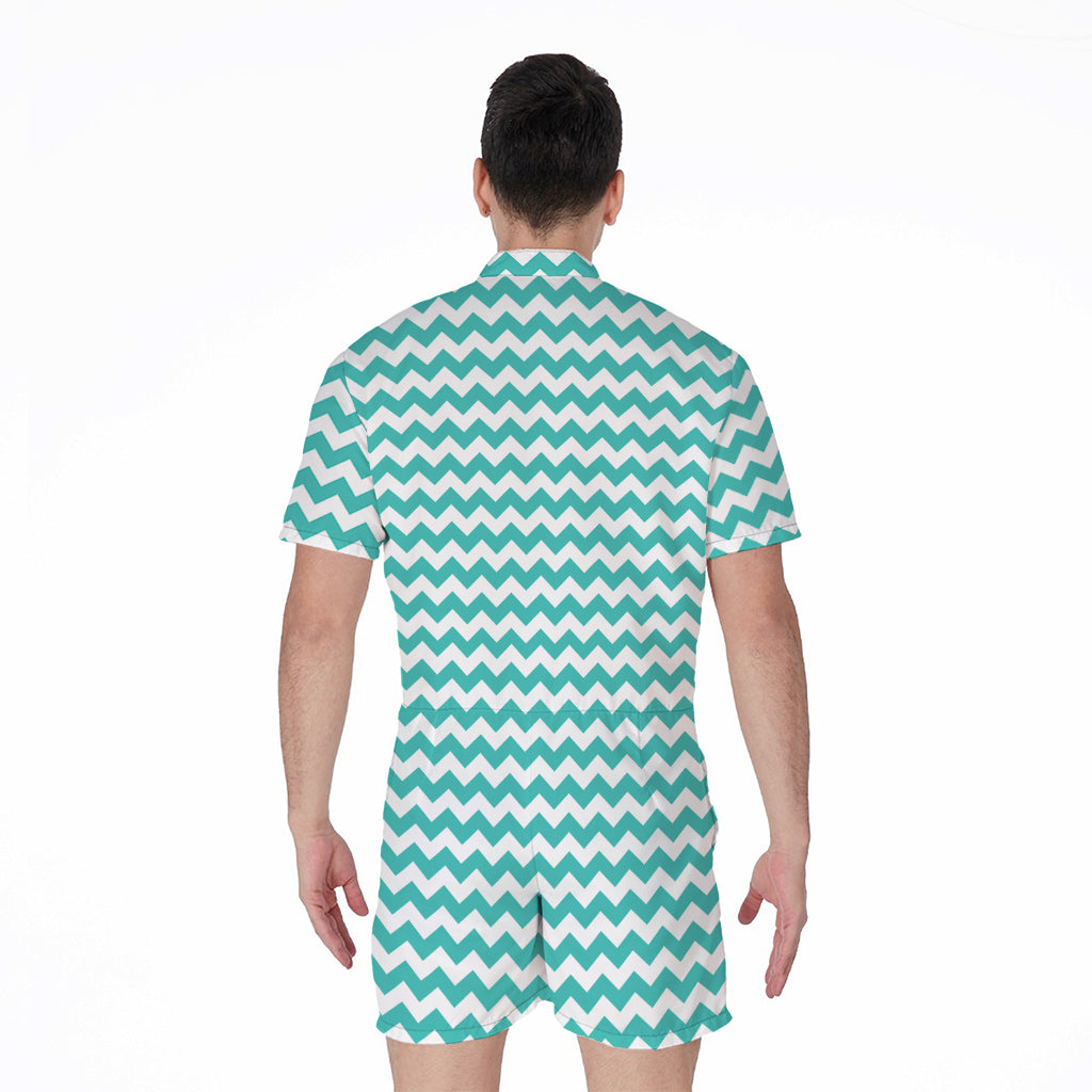 Teal And White Chevron Pattern Print Men's Rompers