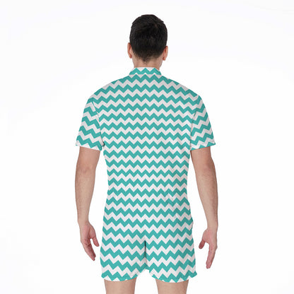 Teal And White Chevron Pattern Print Men's Rompers