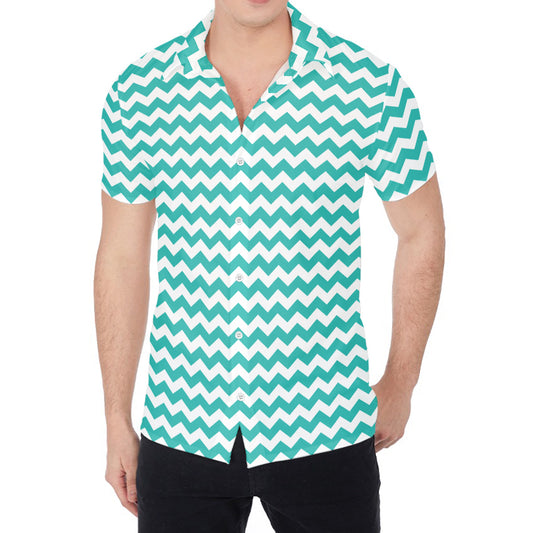 Teal And White Chevron Pattern Print Men's Shirt