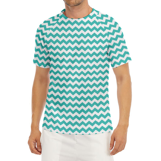 Teal And White Chevron Pattern Print Men's Short Sleeve Rash Guard