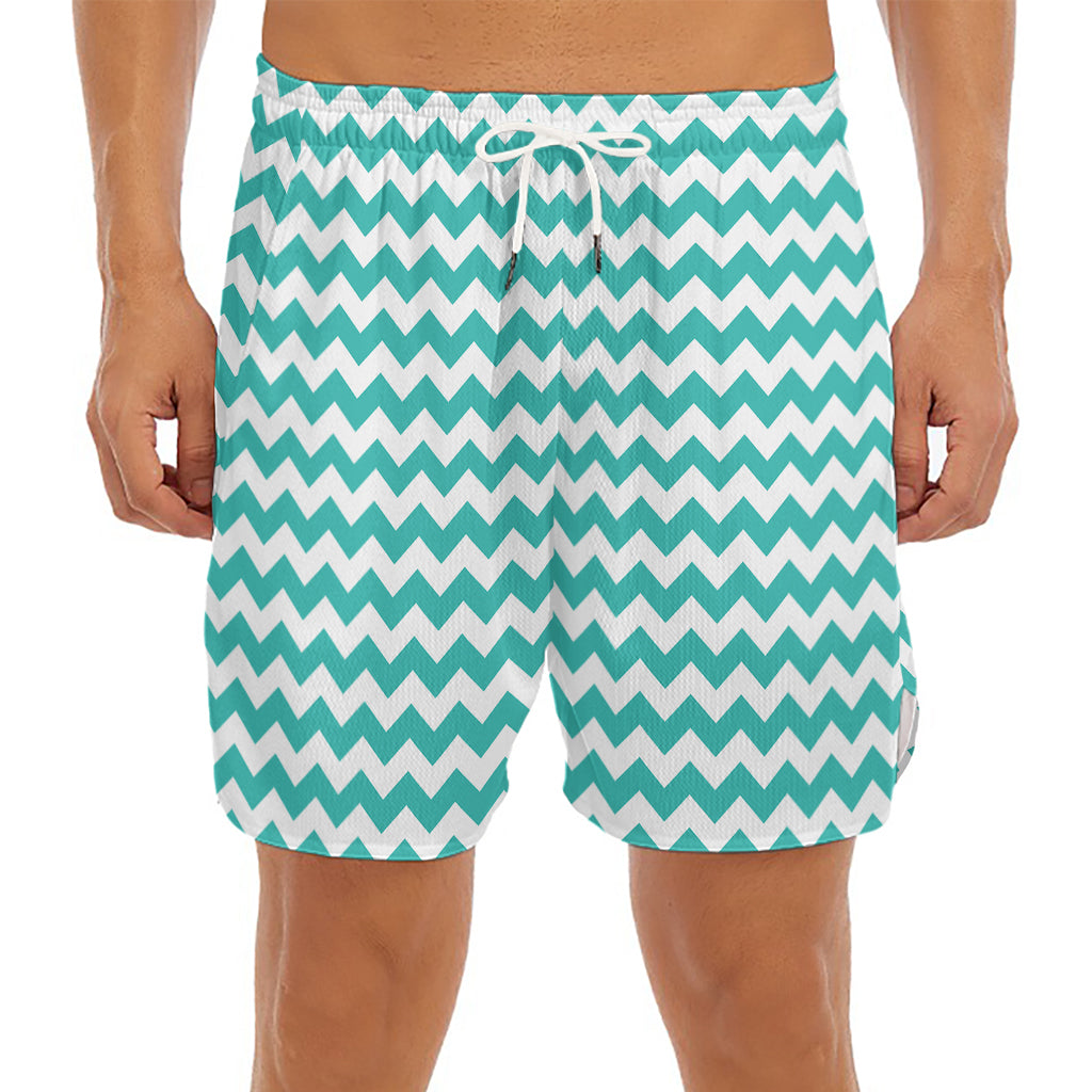 Teal And White Chevron Pattern Print Men's Split Running Shorts