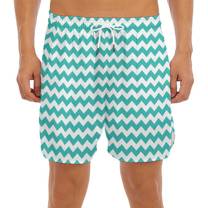 Teal And White Chevron Pattern Print Men's Split Running Shorts