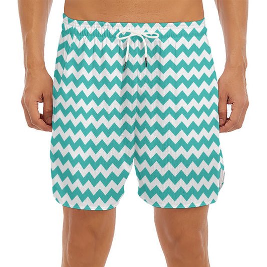 Teal And White Chevron Pattern Print Men's Split Running Shorts