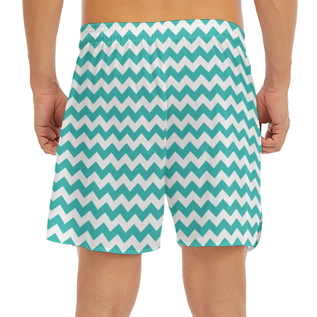 Teal And White Chevron Pattern Print Men's Split Running Shorts