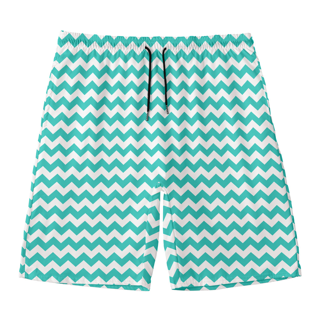 Teal And White Chevron Pattern Print Men's Swim Trunks
