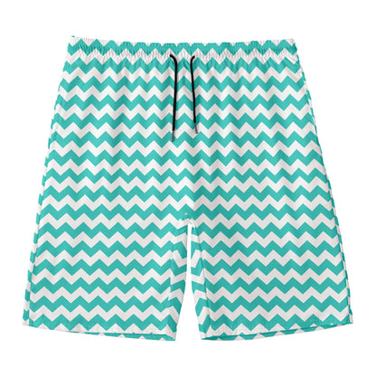 Teal And White Chevron Pattern Print Men's Swim Trunks