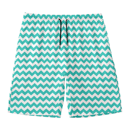 Teal And White Chevron Pattern Print Men's Swim Trunks