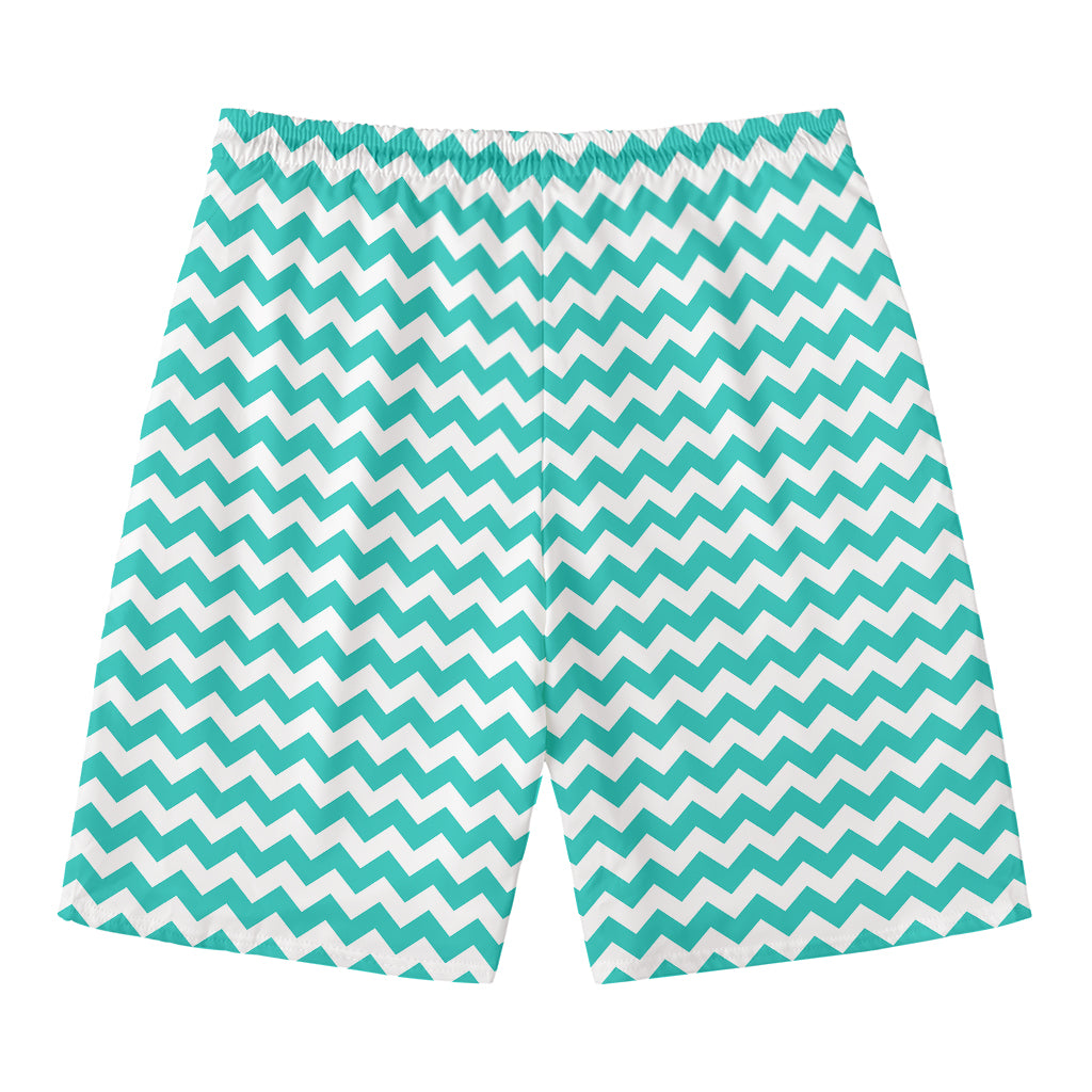 Teal And White Chevron Pattern Print Men's Swim Trunks