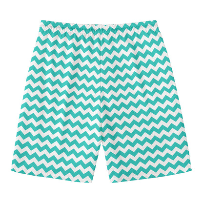 Teal And White Chevron Pattern Print Men's Swim Trunks