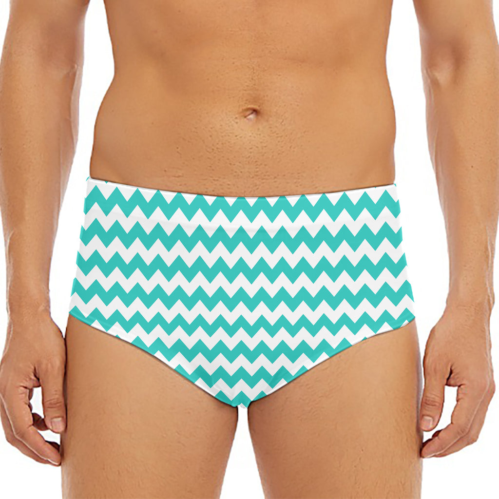 Teal And White Chevron Pattern Print Men's Triangle Swim Briefs