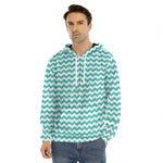 Teal And White Chevron Pattern Print Men's Velvet Pullover Hoodie