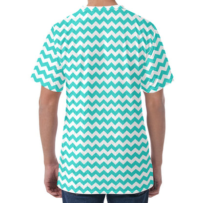 Teal And White Chevron Pattern Print Men's Velvet T-Shirt