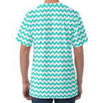 Teal And White Chevron Pattern Print Men's Velvet T-Shirt