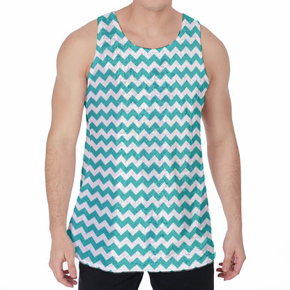 Teal And White Chevron Pattern Print Men's Velvet Tank Top