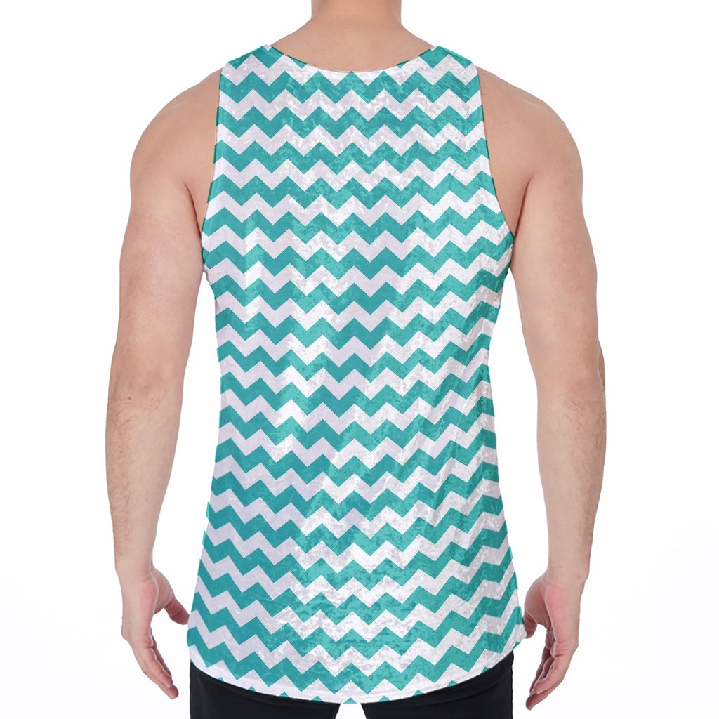 Teal And White Chevron Pattern Print Men's Velvet Tank Top