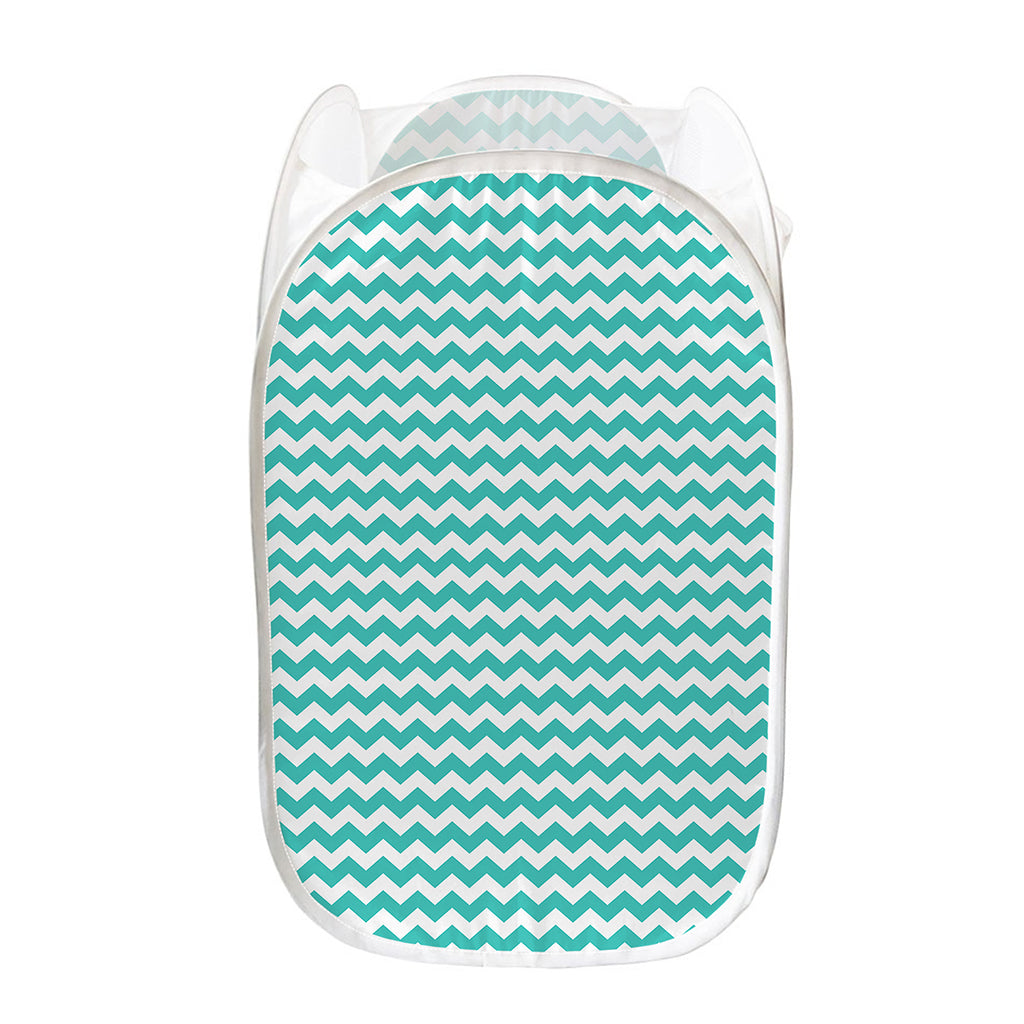 Teal And White Chevron Pattern Print Mesh Laundry Hamper