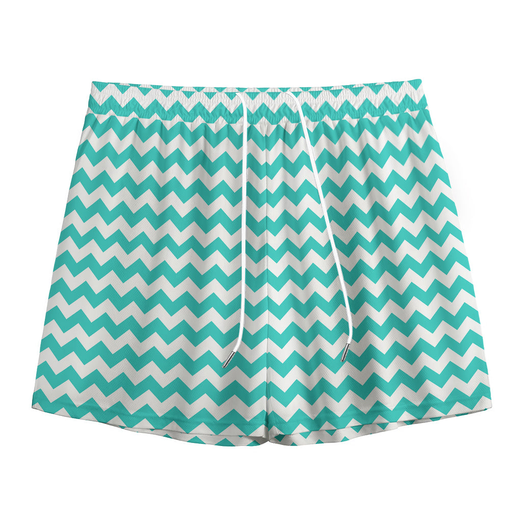 Teal And White Chevron Pattern Print Mesh Shorts