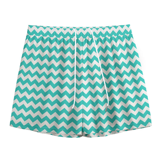 Teal And White Chevron Pattern Print Mesh Shorts
