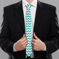 Teal And White Chevron Pattern Print Necktie