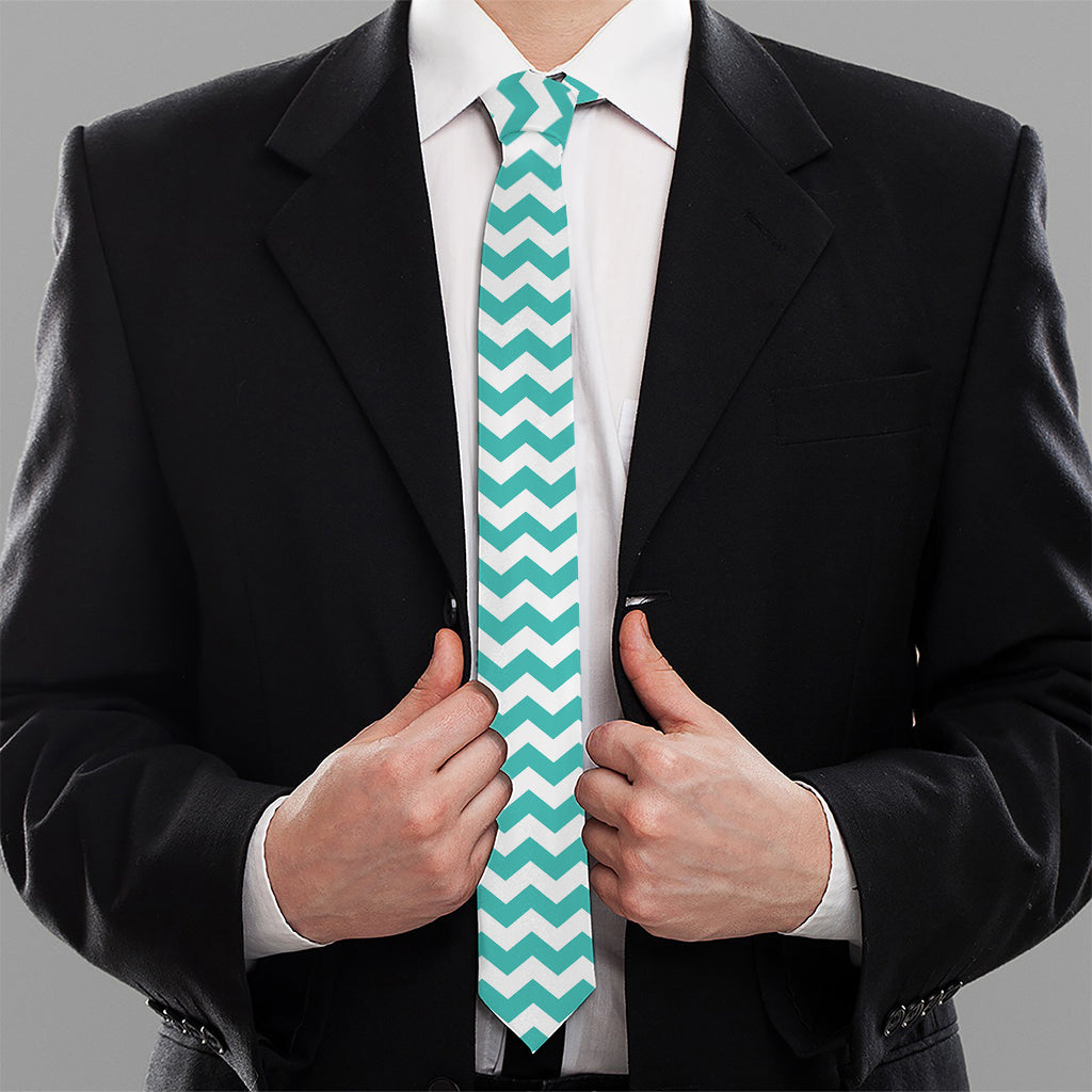 Teal And White Chevron Pattern Print Necktie