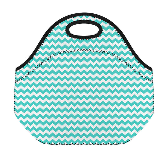Teal And White Chevron Pattern Print Neoprene Lunch Bag