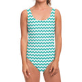 Teal And White Chevron Pattern Print One Piece Swimsuit