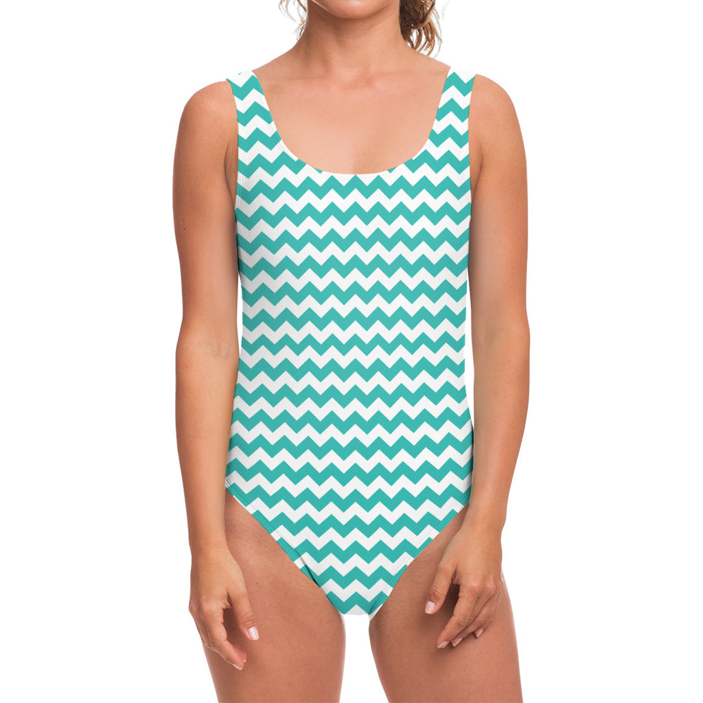 Teal And White Chevron Pattern Print One Piece Swimsuit