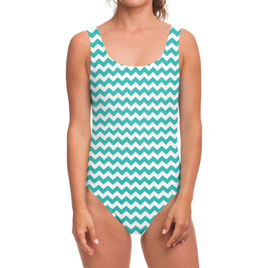 Teal And White Chevron Pattern Print One Piece Swimsuit