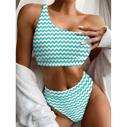 Teal And White Chevron Pattern Print One Shoulder Bikini Top