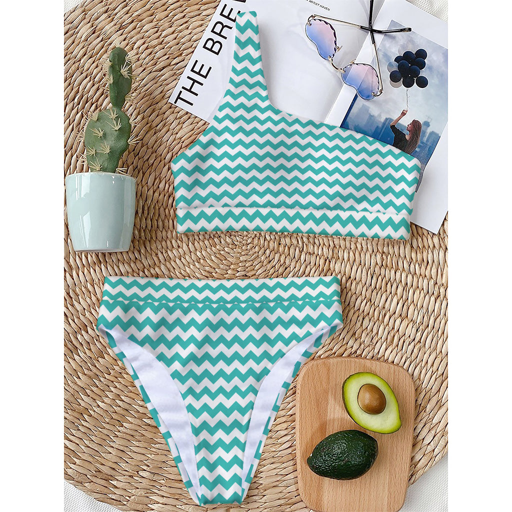 Teal And White Chevron Pattern Print One Shoulder Bikini Top