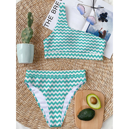 Teal And White Chevron Pattern Print One Shoulder Bikini Top