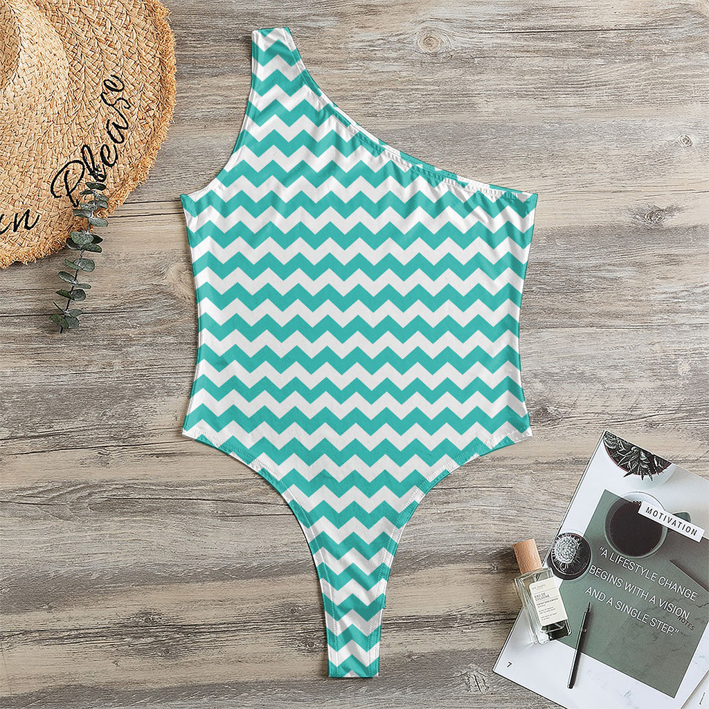 Teal And White Chevron Pattern Print One Shoulder Bodysuit