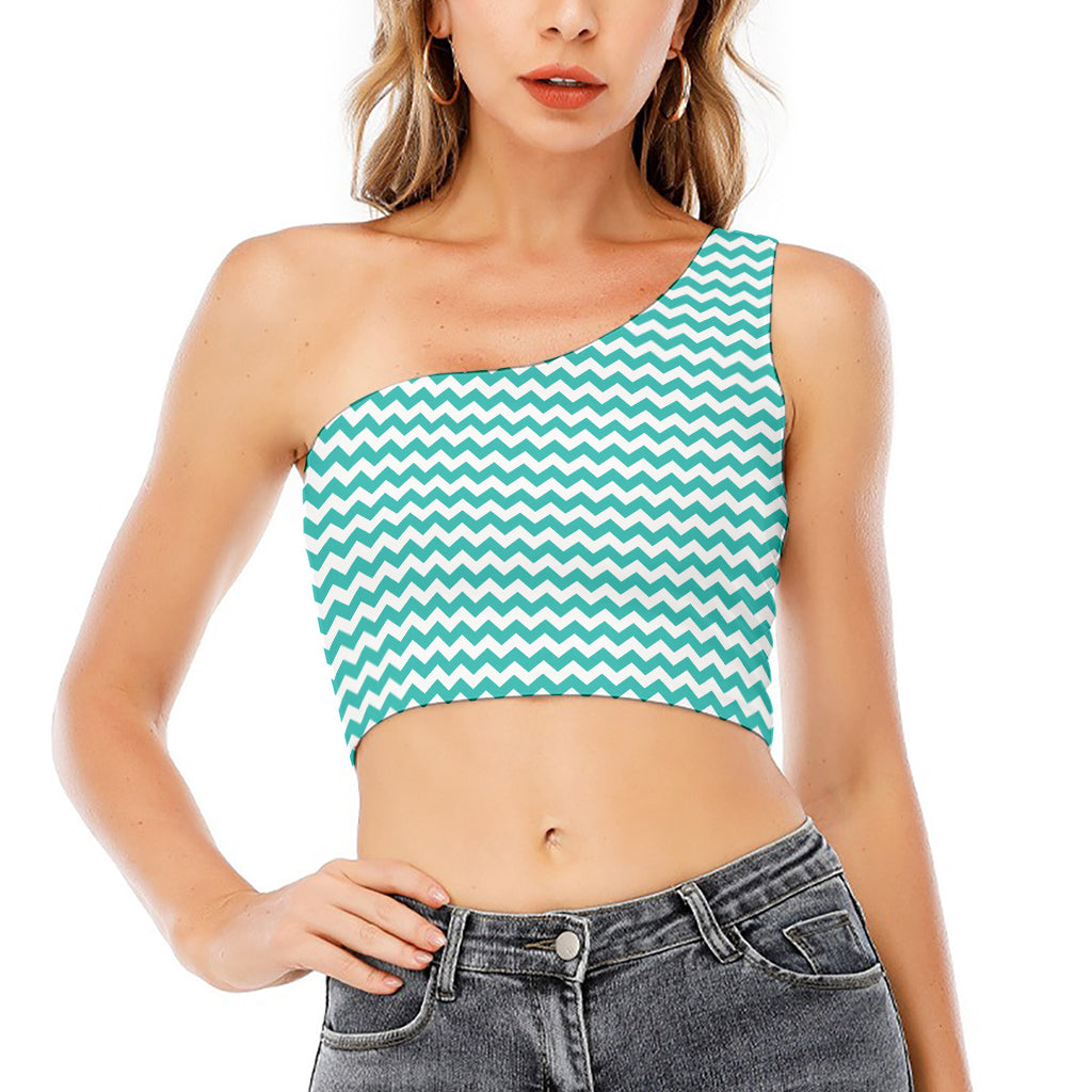 Teal And White Chevron Pattern Print One Shoulder Crop Top