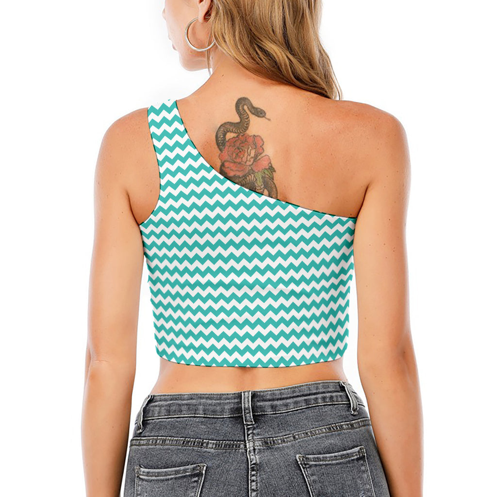 Teal And White Chevron Pattern Print One Shoulder Crop Top